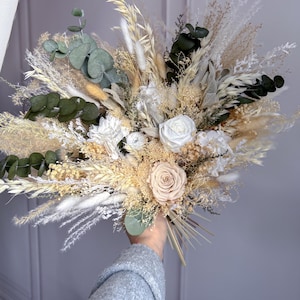 Buquê de casamento com flores secas, rosas e eucaliptos preservados, buquê de noiva estilo Boho Pampas, decoração floral rústica para noivas, buquê para madrinhas