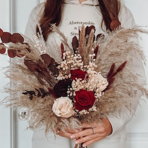 Burgundy Boho Bridal Bouquet, Preserved Pampas Wedding Bouquet, Marsala Wedding Flowers, Cascading Bridal Bouquet