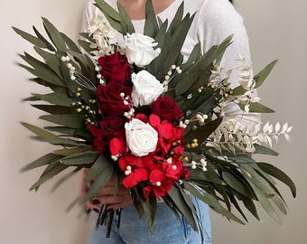 Wedding Bouquet for Bride and Bridesmaids, Dried Red White Roses Bouquet, Boho Eucalyptus Wedding Bouquet, Wedding Arrangement & Accessories