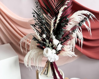 Dried flowers wedding bouquet, Burgundy greenery white floral wedding bouquet, Boho bouquet for bride, Bridesmaids bouquet & accessories