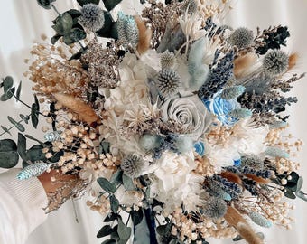 Blue and White Bridal Bouquet, Dusty Blue Wedding Bouquet, Dried Flower Bouquet for Bride or Bridesmaid, Something Blue Wedding Flowers