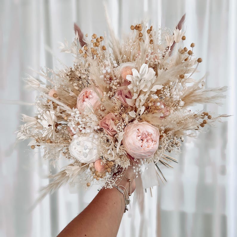 Soft pink wedding bouquet, Bridal rustic bouquet, Peony Bouquet, Boho wedding, Preserved roses, Bridesmaid bouquet, Dried flower bouquet image 5