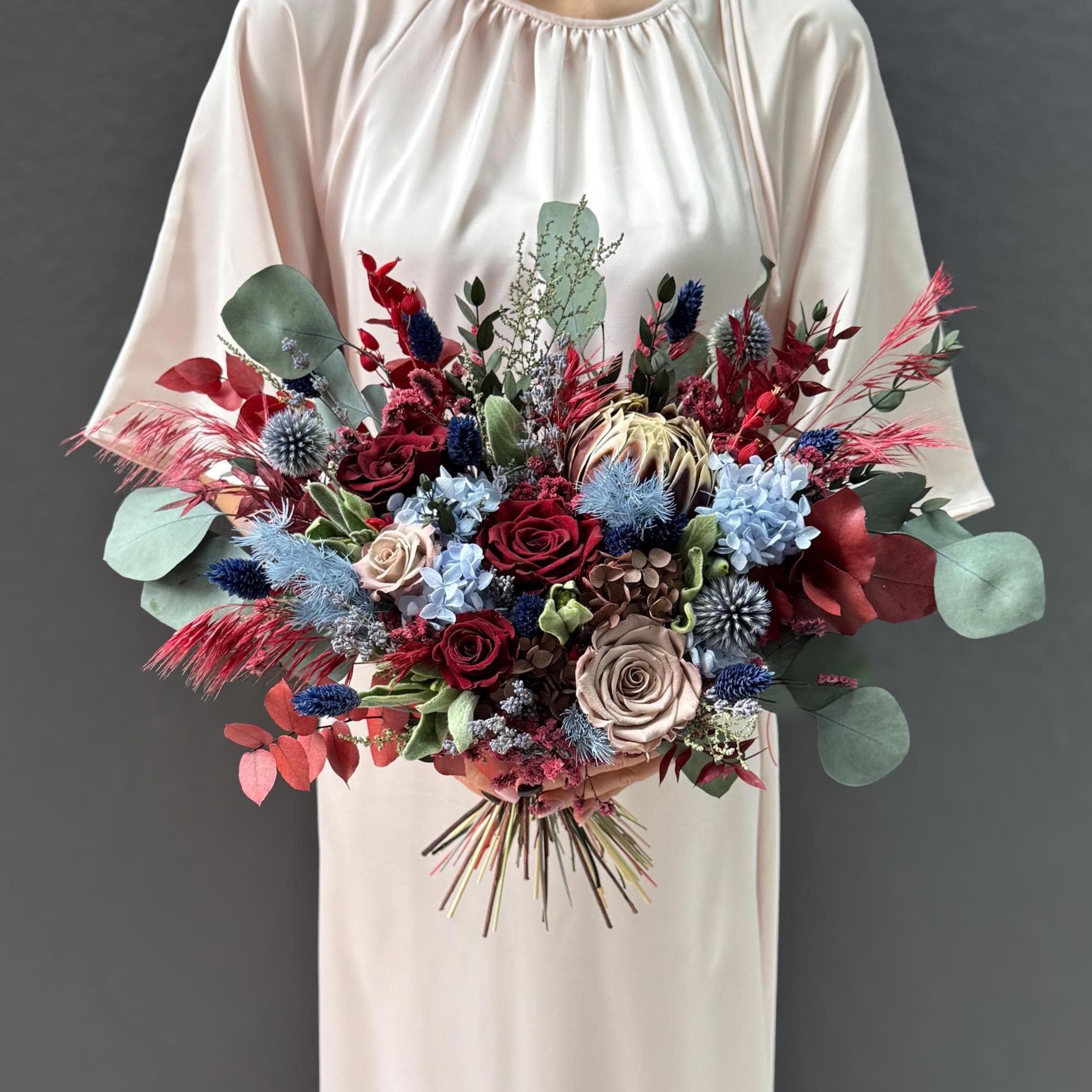 Moody Burgundy Dusty Blue Bouquet