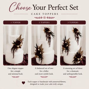 May include: A set of three white tiered cakes decorated with preserved floral arrangements in deep burgundy and brown tones. The text reads: Choose Your Perfect Set CAKE TOPPERS, 1 TOPPER, 2 TOPPERS, 3 TOPPERS, and Each topper is handmade with preserved flowers.