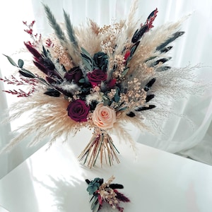 Boho Wedding Bouquet, Bouquet for Bride, Dried Flowers, Eucalyptus Pampas, Burgundy Roses, Bridesmaid Bouquet, Rust Fall Wedding Flowers