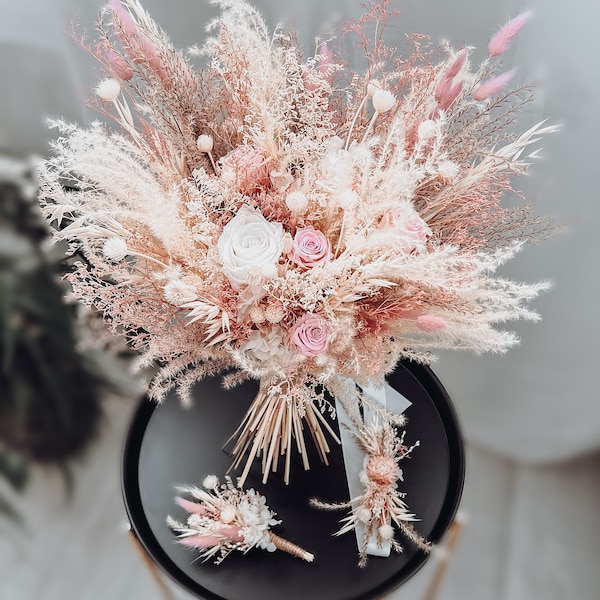 Boho Wedding Bouquet Boutonniere, Blush Pink Wedding Bouquet, Bridal Bridesmaid, Dusty Pink Bridesmaid Corsage, Pastel Elegant Bridal Bouque