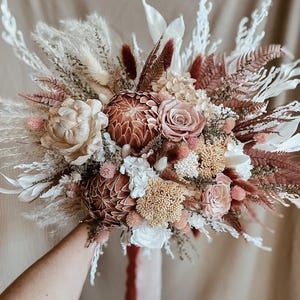Mocha Mousse Wedding Bouquet of Dried Flowers with Kings Protea, Bouquets for Bride and Bridesmaids, Boho Wedding Preserved Flowers