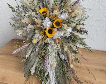 Cascade Sunflower Bridal Bouquet, Wildflower Dried Wedding Bouquet, Country Bride Bouquet