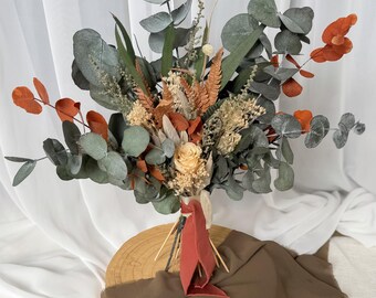 Rust Bridesmaid Bouquet, Preserved Eucalyptus Bouquet, Earth Tone Wedding Flowers, Western Bridal Party Bouquet