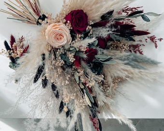 Boho Dried Flower Bridal Bouquet, Moody Burgundy Wedding Flowers, Pampas Preserved Rose Bouquet