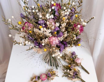 Wildflowers Bridal Bouquet & Accessories, Rustic Dried Flowers Wedding Bouquet, Neutral Bouquet with Lavender, Custom Wedding Arrangements