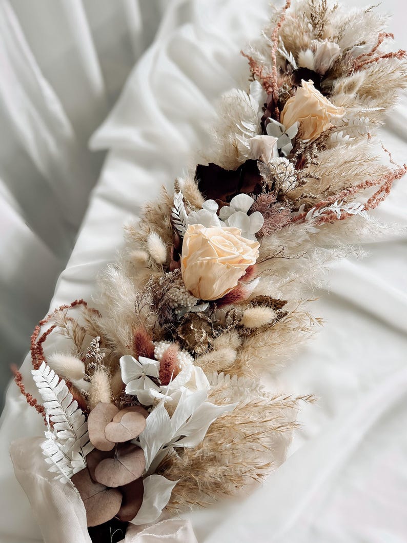Burgundy Beige Dried Flower Garland, Fall Boho Wedding Arch Decor, Pampas Sweetheart Table Floral Runner image 7