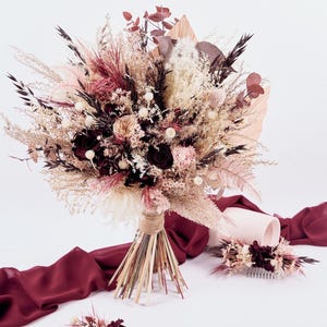 Rustikaler Brautstrauß, Trockenblumenstrauß, Hochzeitsstrauß im Herbst, Boho-Hochzeitsstrauß, Marsala-Hochzeitsstrauß, Burgunder-Hochzeitsstrauß