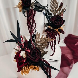 Burgundy Wedding Cake Flowers, Boho Floral Cake Topper, Preserved Rose Cake Decor, Gothic Wedding Cake Topper, Wine Red Wedding Flowers image 2