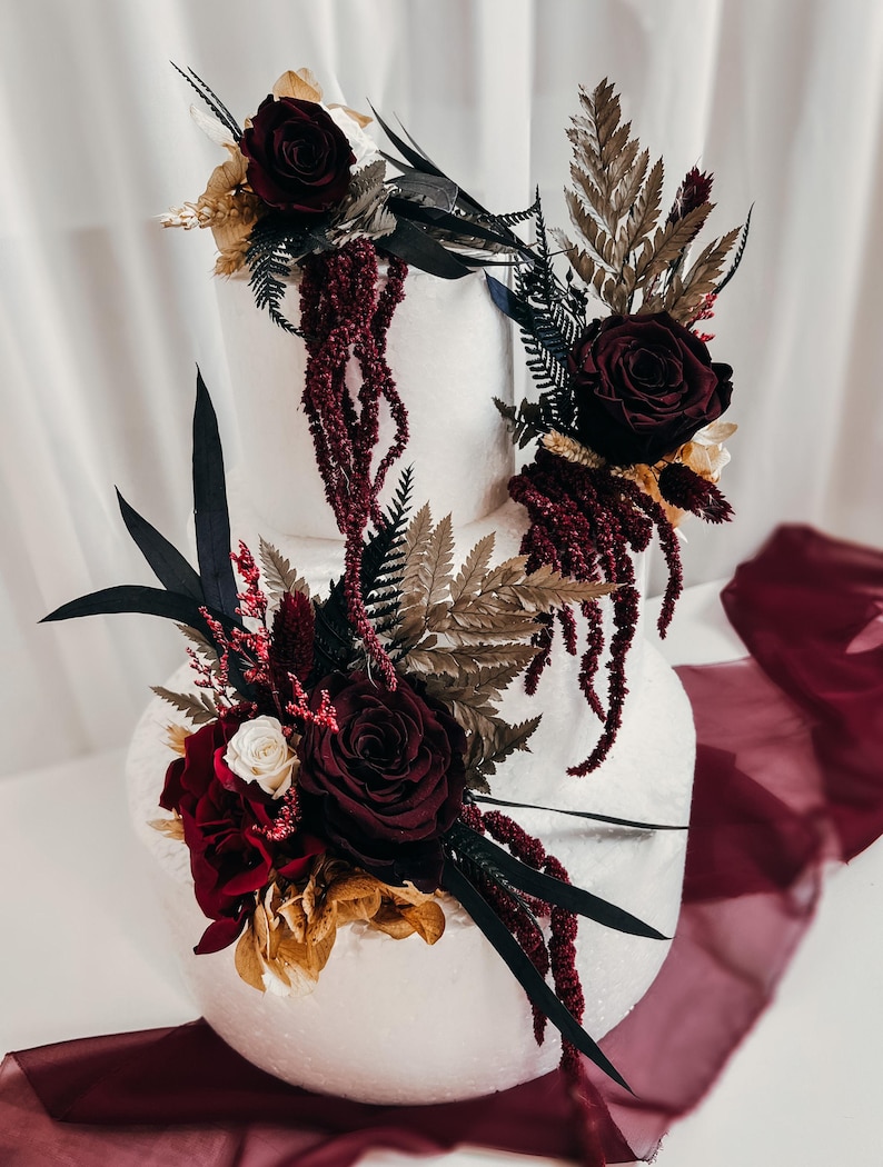 Burgundy Wedding Cake Flowers, Boho Floral Cake Topper, Preserved Rose Cake Decor, Gothic Wedding Cake Topper, Wine Red Wedding Flowers image 2