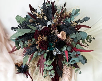 Cascading bridal bouquet with dry flowers, Boho wedding bouquet, Marsala dried flowers, Bridal bouquet boho, Preserved fern bouquet, Corsage