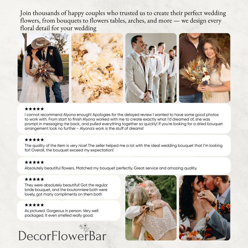 The image is a collage of several photos featuring happy couples and their wedding arrangements. The photos showcase various floral details and arrangements, such as bouquets, flowers, and tables. The couple in the photos appears to be enjoying their wedding day, and the overall sentiment of the image is positive and celebratory.