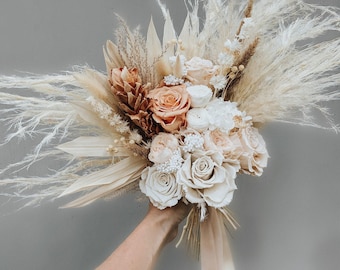 Neutral Pampas Bridal Bouquet, Ivory Preserved Rose Wedding Bouquet, Beige Boho Wedding Flowers Set