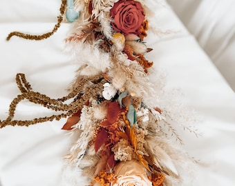 Wedding Terracotta Floral Table Decor, Boho Bridal Garland, Burnt Orange Dried Flower Garland, Table Runner for Wedding