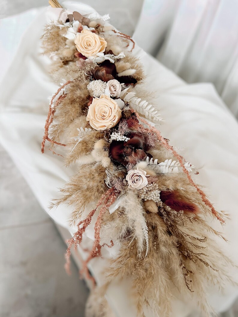 Burgundy Beige Dried Flower Garland, Fall Boho Wedding Arch Decor, Pampas Sweetheart Table Floral Runner image 10