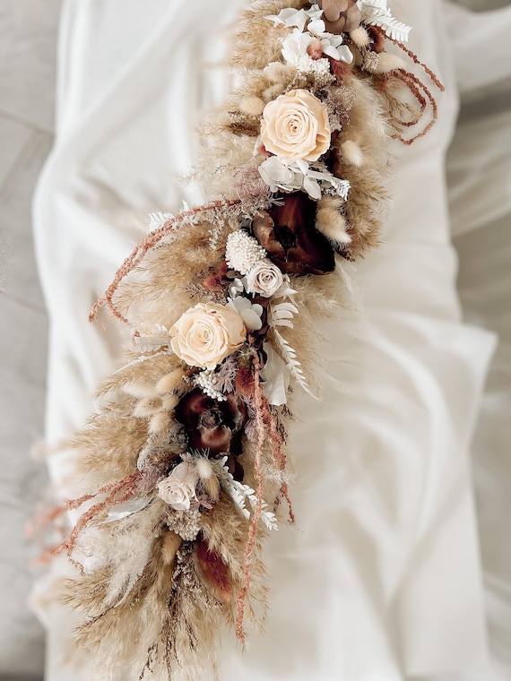 Burgundy Beige Dried Flower Garland, Fall Boho Wedding Arch Decor, Pampas Sweetheart Table Floral Runner