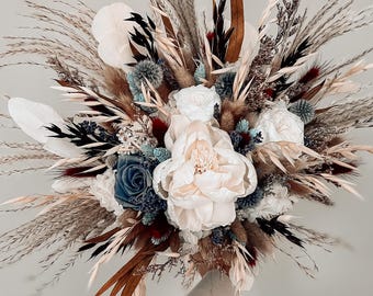 Boho wedding bouquet with preserved navy blue roses, Floral boutonieres, Forever bouquet, Rustic custom bridal bouquet, Dried flower bouquet