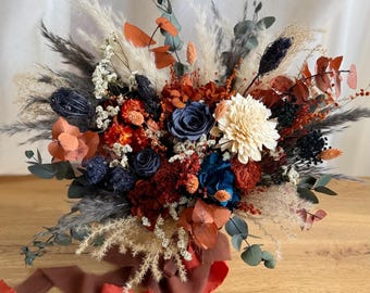 Burnt Orange Navy Blue Bridal Bouquet, Fall Wedding Dried Flower Bouquet, Burgundy Pampas Wedding Flowers, Bridal Floral Arrangement