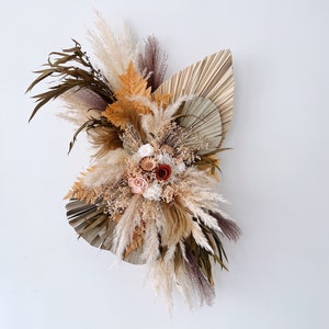 boho wedding floral arrangement, preserved flowers with pampas and palm, neutral rustic bouquet for ceremony aisle, arch or welcome sign