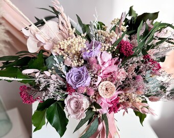 Dried Flower Colorful Bridal Bouquet, Pink Wedding Flowers Set, Romantic Rose Bouquet