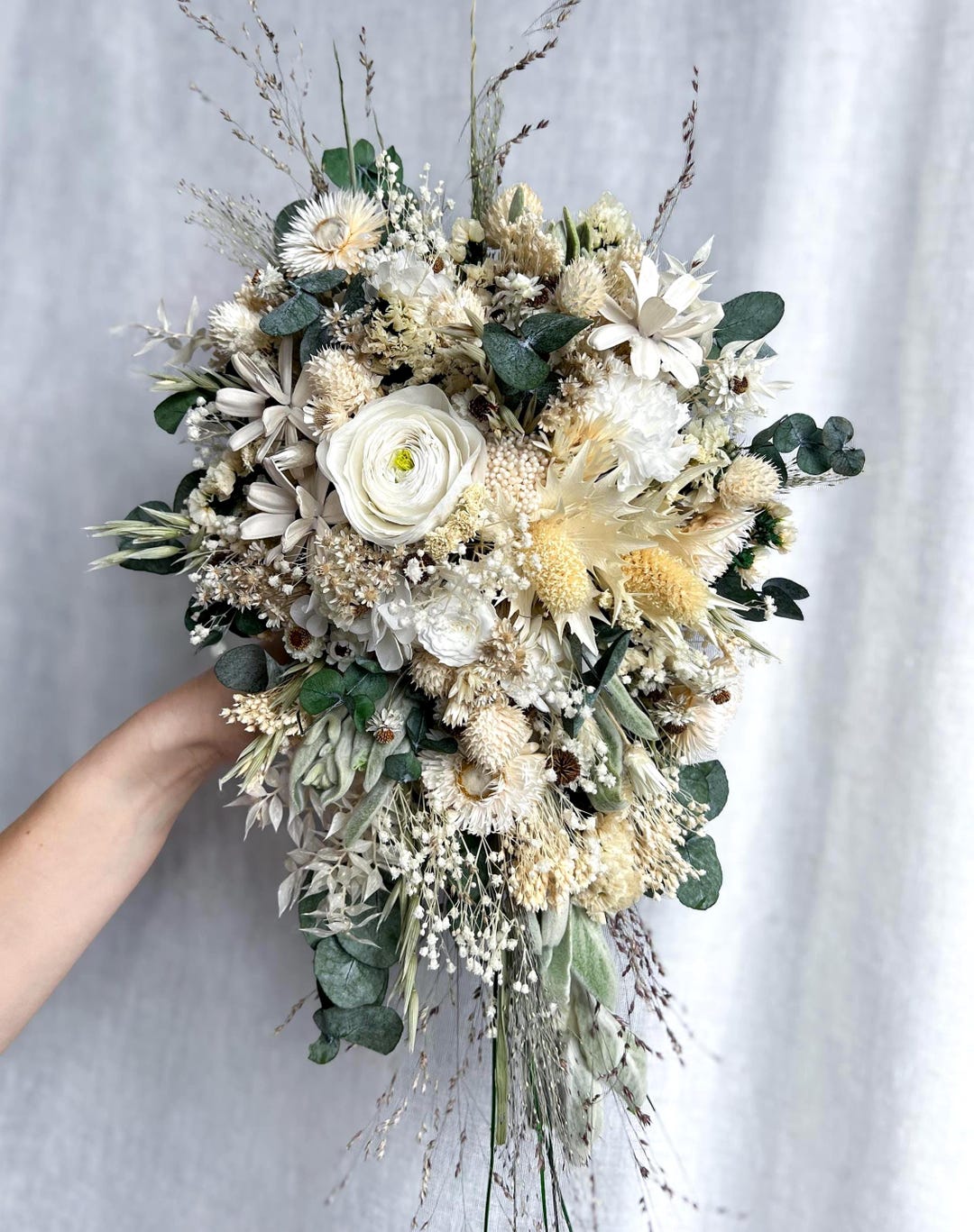 Preserved White Ranunculus Neutral White Cascading Bridal Bouquet, Preserved Ranunculus Wedding ...