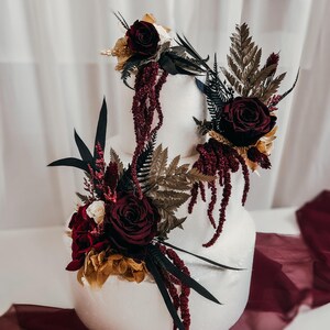 Burgundy Wedding Cake Flowers, Boho Floral Cake Topper, Preserved Rose Cake Decor, Gothic Wedding Cake Topper, Wine Red Wedding Flowers image 5