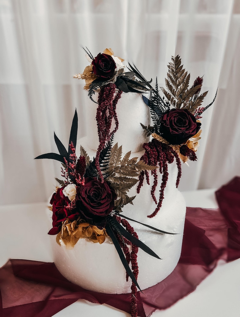 Burgundy Wedding Cake Flowers, Boho Floral Cake Topper, Preserved Rose Cake Decor, Gothic Wedding Cake Topper, Wine Red Wedding Flowers image 5