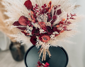 Burgundy Pampas Wedding Bouquet, Dried Flower Bridal Bouquet in Wine Red Beige, Elegant Fall Boho Bouquet, Preserved Roses Wedding Flowers