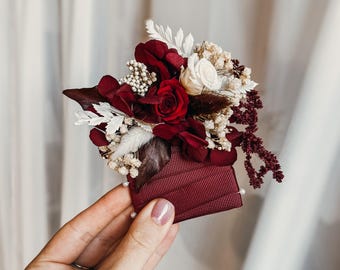 Burgundy Groom Boutonniere, Dried Flower Boutonniere, Burgundy Wedding Boutonniere for Groomsmen, Rustic Style Pocket Square Boutonniere