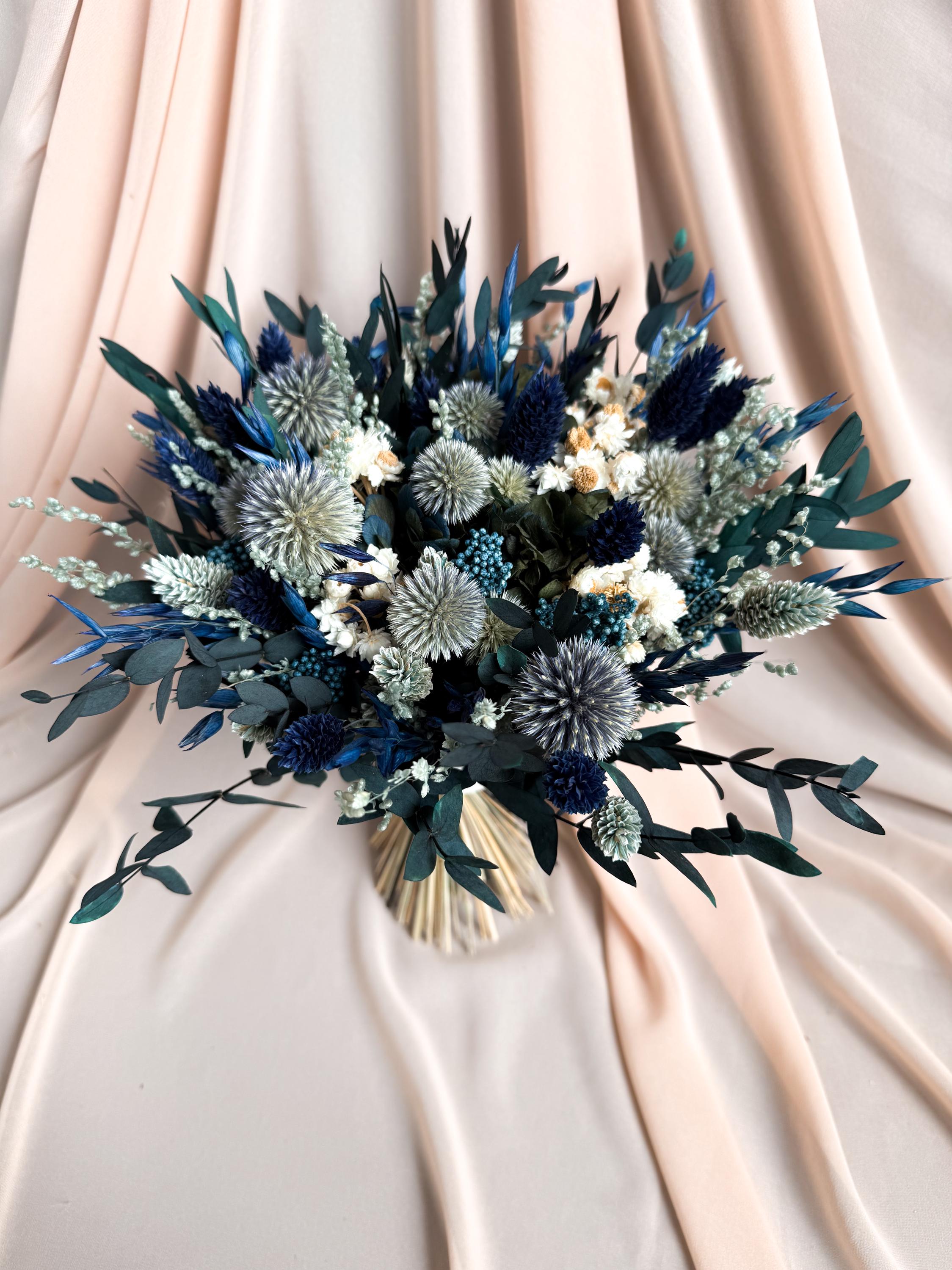 Navy Blue Bridal Bouquet, Dried Flower Wedding Bouquet with Preserved Flowers