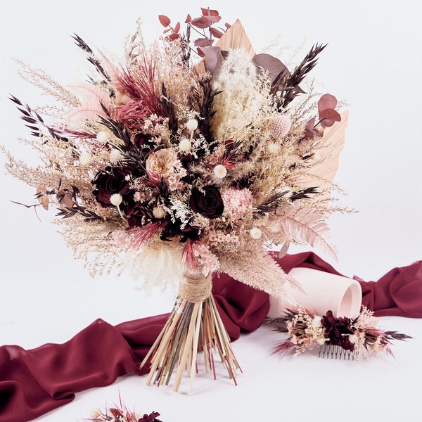 Fall Wedding Bouquet, Boho Wedding Bouquet, Marsala Wedding Bouquet, Burgundy Wedding Bouquet, Burgundy Boutonniere, Rustic Bridal Bouquets