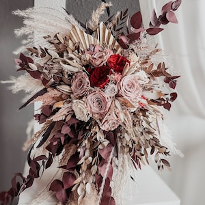 Blush Boho Cascade Bridal Bouquet, Dusty Pink and Burgundy Dried Flower Wedding Bouquet, Bohemian Bride Accessory, Bridesmaid Bouquet