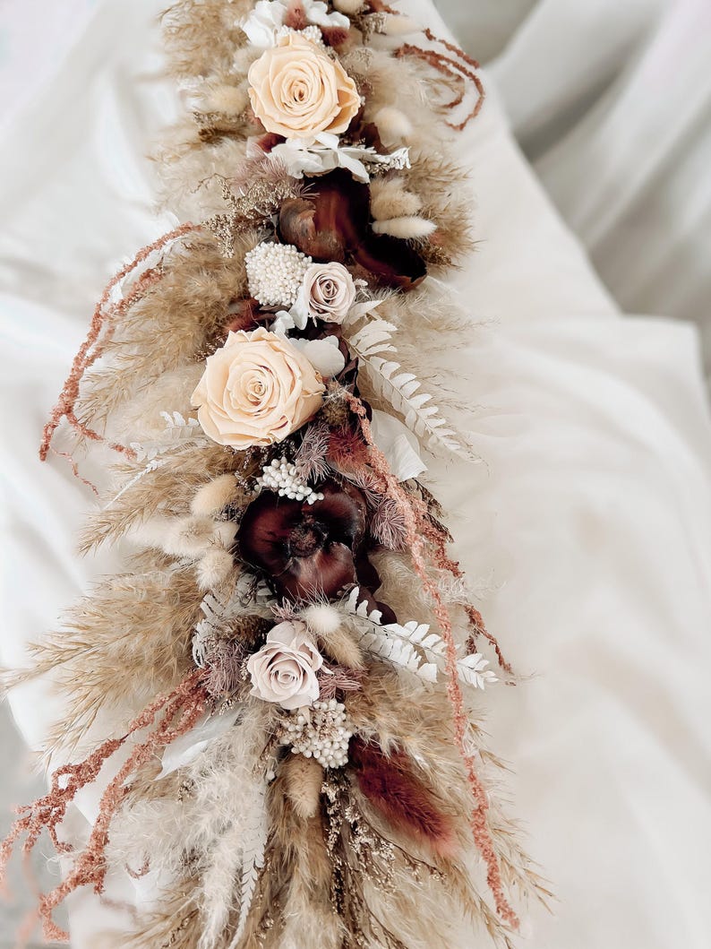 Burgundy Beige Dried Flower Garland, Fall Boho Wedding Arch Decor, Pampas Sweetheart Table Floral Runner image 12