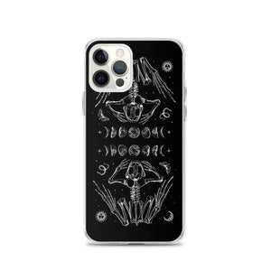 May include: A black phone case featuring a white design of two skeletons in a yoga pose, surrounded by moons, stars, and butterflies.