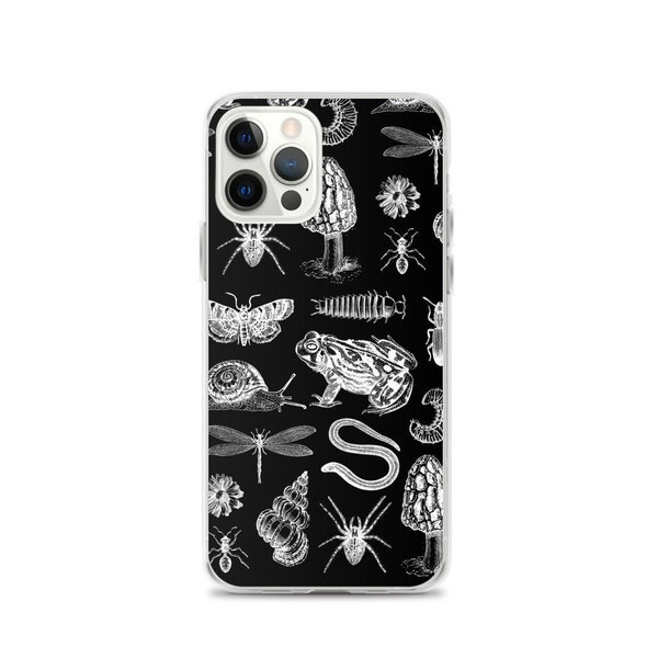 Frog Mushroom Snail Moth Insect Vintage Biology Goblincore - Science Biology Natural History - Black and White Fairycore Collage iPhone Case