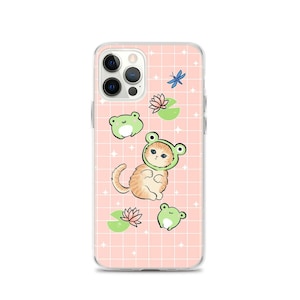 Kawaii Froge Cat in Frog Hat 90s Retro Cottagecore Aesthetic - Toads Kitten Blue Butterfly and Water Lily - Anime Manga Fan - iPhone Case