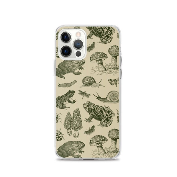 Frog Mushroom 90s Vintage Dark Academia Aesthetic Biology. Goblincore Snail, Insects, Toadstool and Stylish Critters - iPhone Case
