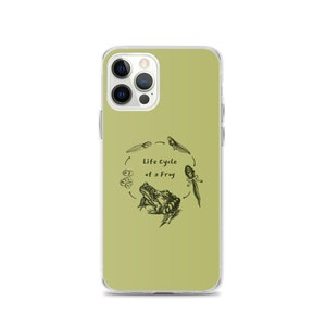 May include: A green iPhone case with a clear back. The case features a black and white illustration of the life cycle of a frog. The illustration shows a frog egg, tadpole, froglet, and adult frog. The text "Life Cycle of a Frog" is printed below the illustration.