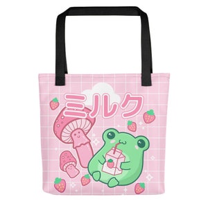 Słodka Kawaii Truskawkowa Żaba Retro 90s Harajuku - Anime Milk Box - Różowy Senpai Milkshake Splash - Koreański Pop Chibi Otaku - Hip Kids Tote Bag