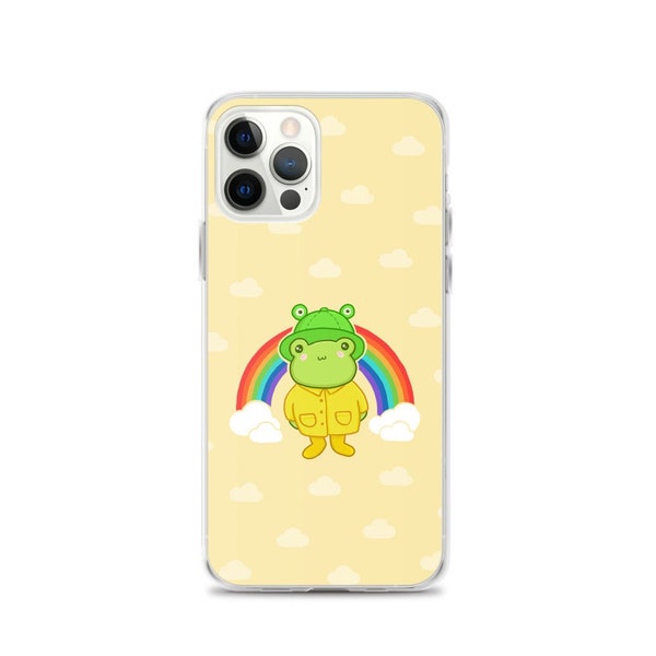 Cute Frog in Raincoat Hat and Rainbow - Kawaii Aesthetic Cottagecore Froggy - Funny Gift for Kids Teen Youth Junior Teenagers - iPhone Cases