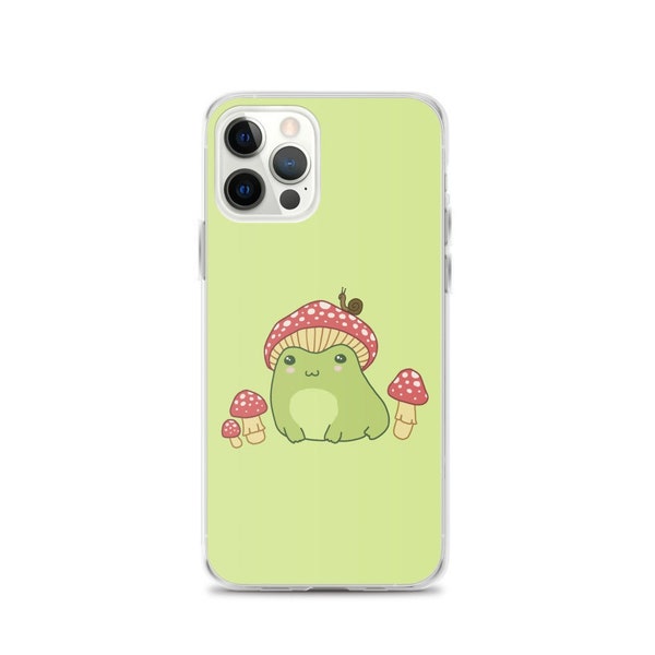 Chubby Frog with Mushroom Hat Snail and Small Flies - Cottagecore Aesthetic Toad Slug Magical Fungi - Fungus and Chunky Froge - iPhone Case