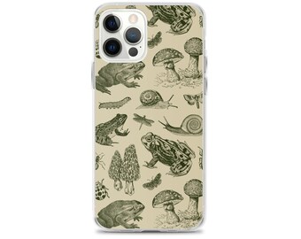 Frog Mushroom 90s Vintage Dark Academia Aesthetic Biology. Goblincore Snail, Insects, Toadstool and Stylish Critters - iPhone Case