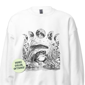 Frosch-Pilz und Mondphasen Unisex-Sweatshirt, Cottagecore-Kröte, die unter Pilzen sitzt, Vintage Witchy Moon, lustige süße Tiere, Geschenk für sie