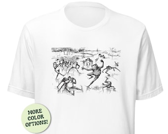 Cottagecore Frogs patinando no gelo no lago, sapos patinadores no lago gelado, esportes de inverno vintage, estética Goblincore, camiseta unissex Froggy