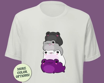 無性旗カラーのカエルTシャツ、微妙なクィアプライドLGBTQ美学、エースプライドグレーホワイトパープル、6月のプライド月間パレード、ユニセックスTシャツ